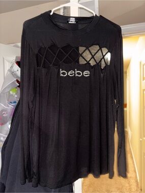 bebe Black Long Sleeve Rhinestone Logo Top
